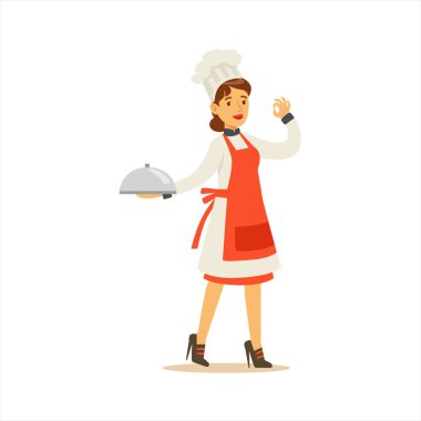 Kadın profesyonel ok jest çizgi film karakteri gösterilen klasik geleneksel üniforması restoranda garsonluk Şef yemek