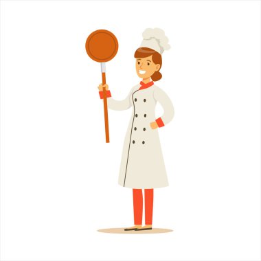 Kadın profesyonel Restoran klasik geleneksel üniforması kızartma tavası çizgi film karakteri ile çalışan Şef yemek