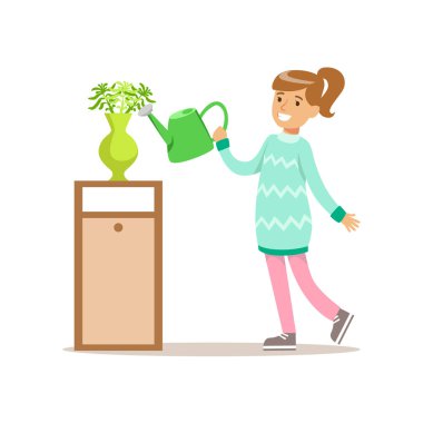 Sulama kız ev gülümseyen çizgi film çocuk karakteri kat hizmetleri ve ev temizlik yapıyorduk ile yardımcı bitkiler