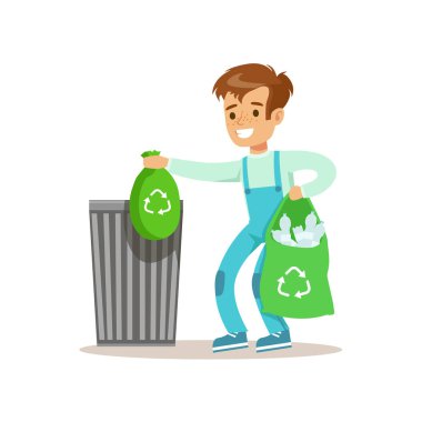 Plastik şişe kat hizmetleri ve ev temizlik yapıyorduk ile yardımcı çizgi film çocuk karakteri gülümseyen çocuk nsanlarï uzak Bin çanta dolu