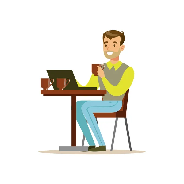 Homem bebendo sua terceira xícara de café na cafeteria enquanto vídeo conversando em seu Lap Top Vector Ilustração — Vetor de Stock