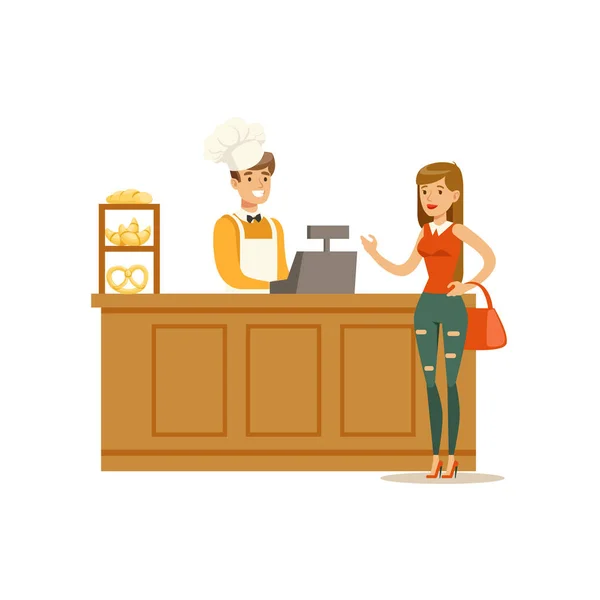 Mujer comprando pastelería del panadero en la panadería encargando en el mostrador Vector Ilustración — Vector de stock