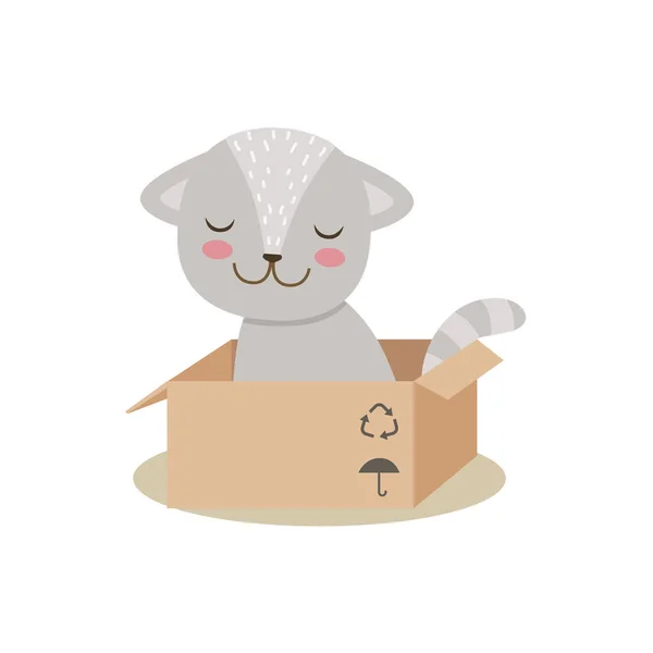 Pequeña gatita linda sentada en una caja de cartón, ilustración de la situación de la vida del personaje de la mascota de dibujos animados — Vector de stock