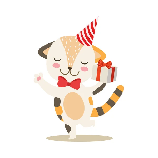 Bailando gatita linda niña con regalo de cumpleaños usando un sombrero de fiesta, ilustración de la situación de la vida del personaje de la mascota de dibujos animados — Vector de stock