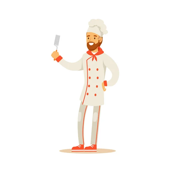 Бородатий чоловік Професійний кулінарний шеф-кухар Робота в ресторані в класичній традиційній уніформі тримає персонажа мультфільму — стоковий вектор