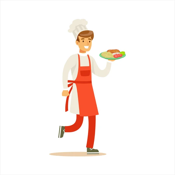 男子专业烹饪厨师在餐厅提供准备好板材卡通人物的经典传统制服工作 — 图库矢量图片