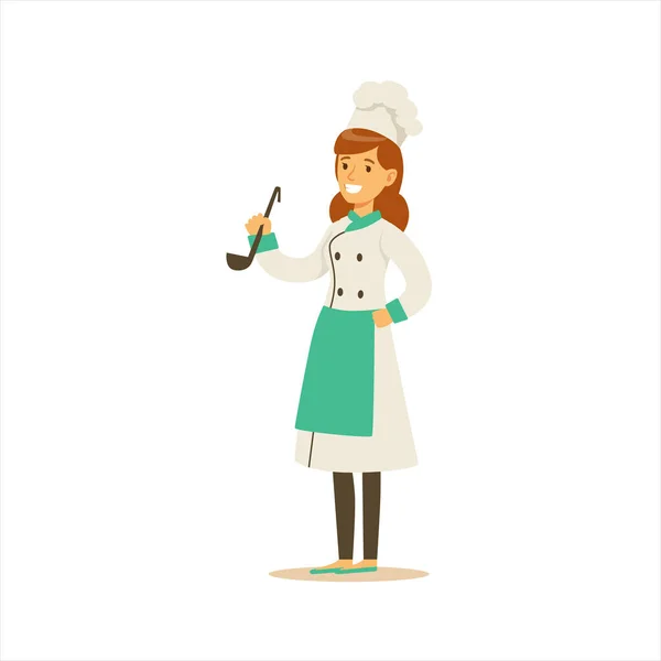 Woman Professional Cooking Chef Working In Restaurant Wearing Classic Traditional Uniform WIth Ladle Cartoon Character — Stock Vector