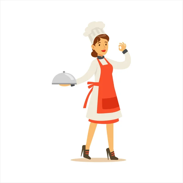 Woman Professional Cooking Chef Working In Restaurant Wearing Classic Traditional Uniform Showing OK Gesture Cartoon Character — Stock Vector