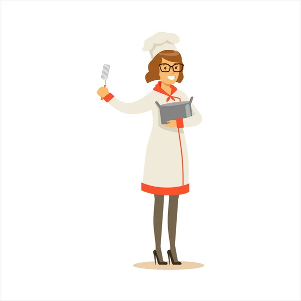 Chef professionista della cucina della donna che lavora nel ristorante che indossa l'uniforme tradizionale classica con il carattere del fumetto della patola e della pentola — Vettoriale Stock