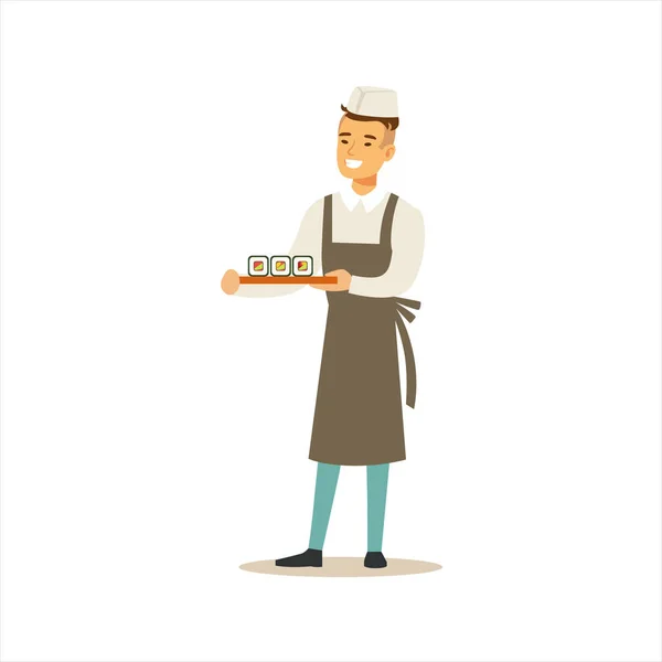 Чоловік Професійний кулінарний суші шеф-кухар Робота в японському ресторані в класичному традиційному уніформі персонажа мультфільму — стоковий вектор