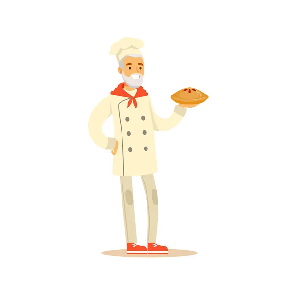 Old Man Professional Cooking Chef Working In Restaurant Wearing Classic Traditional Uniform Holding A Pie Cartoon Character — Stock Vector