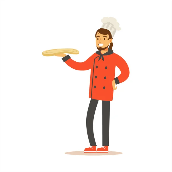 Man Professional Cooking Chef Working In Restaurant Wearing Classic Traditional Uniform WIth Pizza Dough Cartoon Character — Stock Vector