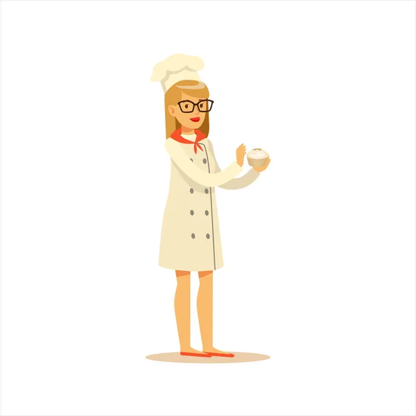 Chef de cocina profesional de mujer que trabaja en el restaurante con uniforme tradicional clásico con personaje de dibujos animados de magdalena — Archivo Imágenes Vectoriales