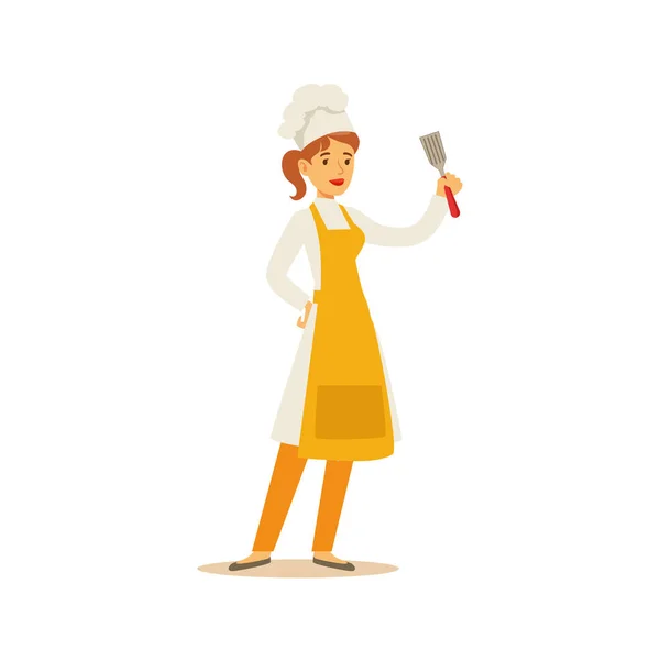 Mulher profissional cozinhando Chef trabalhando no restaurante vestindo uniforme tradicional clássico com personagem de desenhos animados Spatula —  Vetores de Stock