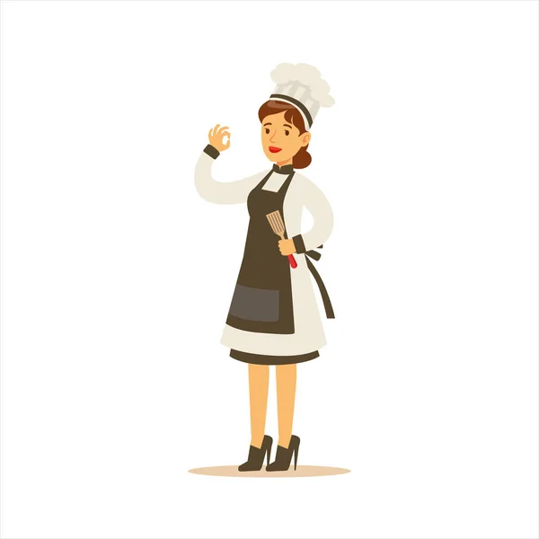 Woman Professional Cooking Chef Working In Restaurant Wearing Classic Traditional Uniform With Black Apron Cartoon Character — Stock Vector