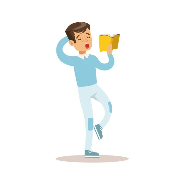 Αγόρι σε μπλε πουλόβερ που αγαπά να διαβάσει, εικονογράφηση με παιδί που απολαμβάνουν την ανάγνωση ένα ανοιχτό βιβλίο — Διανυσματικό Αρχείο