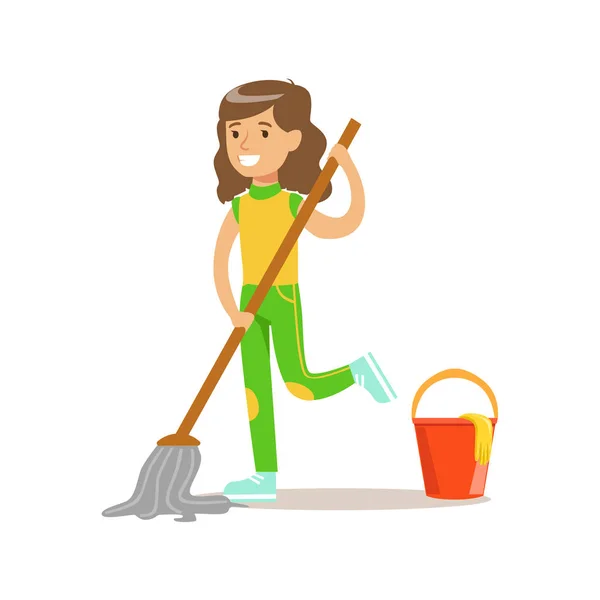 Fille laver le sol avec de la serpillière et de l'eau sourire personnage de bande dessinée enfant aider à l'entretien ménager et faire le nettoyage de la maison — Image vectorielle