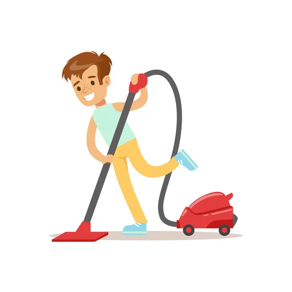 Pojke som rengöring av golv med dammsugare leende seriefigur Kid, hjälpa till med städning och gör hus sanering — Stock vektor