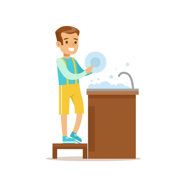 Ragazzo che lava i piatti sorridente personaggio del bambino del fumetto aiutare con le pulizie e fare la pulizia della casa — Vettoriale Stock