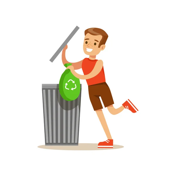 Kluk zahodil recyklace odpadů v Bin vaku s úsměvem karikatura Kid charakter pomoci se úklid a dělá dům Cleanup — Stockový vektor