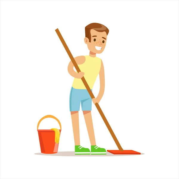 Junge putzt Boden mit dem Mopp lächelnden Cartoon-Kinderfigur, die bei der Hauswirtschaft hilft und das Haus aufräumt — Stockvektor
