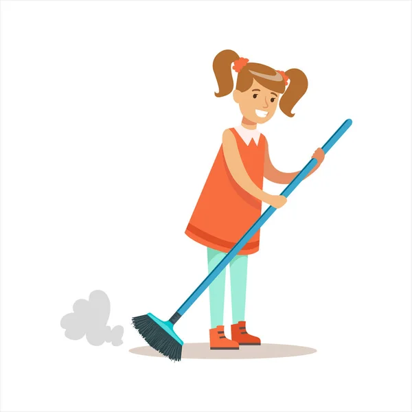Grl Чистка пола от пыли улыбающийся мультяшный персонаж ребенка помогает с уборкой и уборкой дома — стоковый вектор