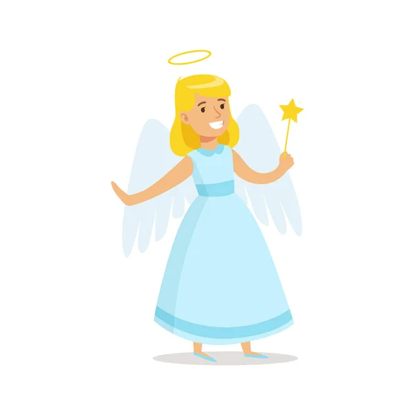 Girl In Angel Outfit Dressed As Winter Holidays Symbol For The Costume Christmas Carnival Party — Stock Vector