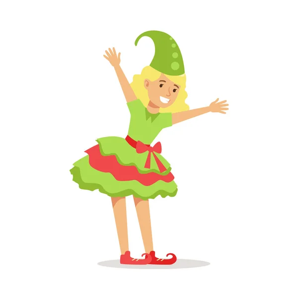 Girl Dressed As Santa Claus Christmas Elf For The Costume Holiday Carnival Party — Stock Vector