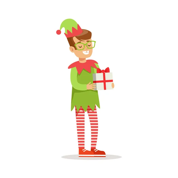 Boy in Glasses With Present Dressed As Santa Claus Christmas Elf For The Costume Holiday Carnival Party — Stock Vector