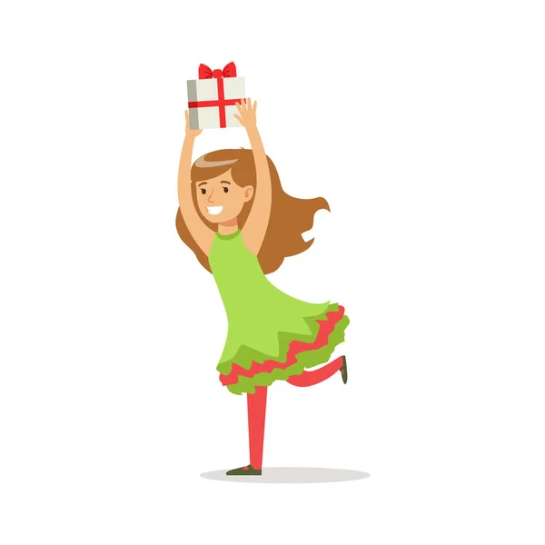 Chica corriendo con presente vestida como Santa Claus Elfo de Navidad para la fiesta de carnaval de vacaciones de disfraces — Vector de stock