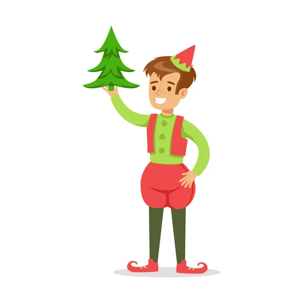 Boy With Christmas Tree Dressed As Santa Claus Christmas Elf For The Costume Holiday Carnival Party — Stock Vector