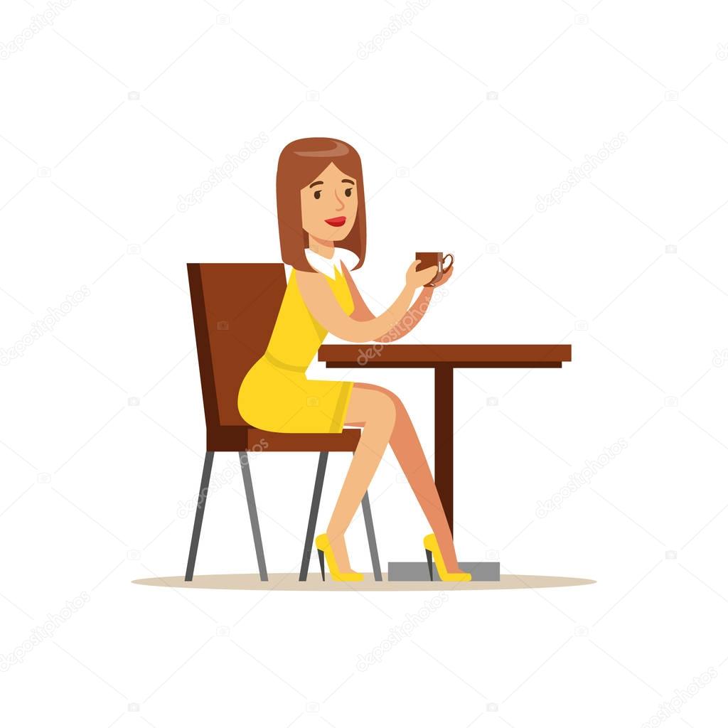 Woman In Yellow Dress Sitting In The Coffee Shop Table Alone Drinking Her Coffee Vector Illustration