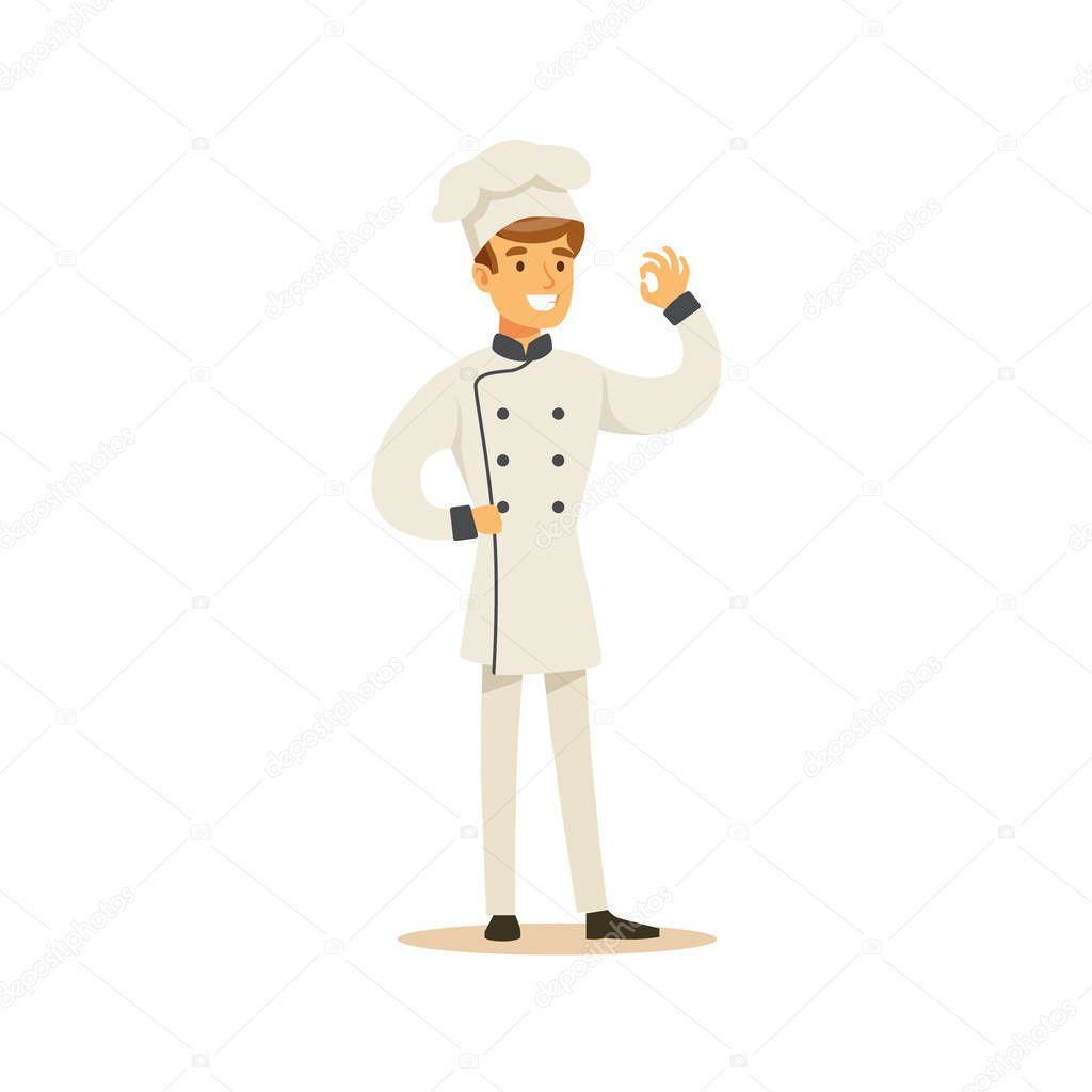 Man Professional Cooking Chef Working In Restaurant Wearing Classic Traditional Uniform Showing OK Gesture Cartoon Character