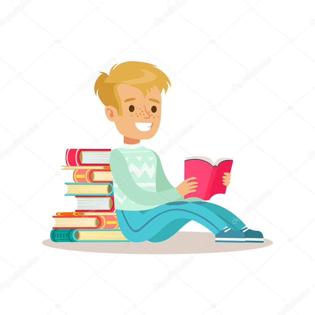 Boy Sitting With His Back Against Pile Of Books Who Loves To Read, Illustration With Kid Enjoying Reading An Open Book