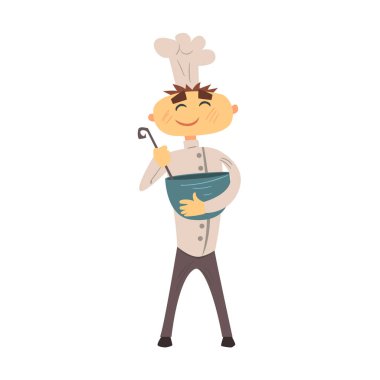 Klasik Çift Kişilik profesyonel aşçı beyaz ceket ve Toque Pot ve kepçe ile memeli