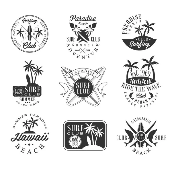 Summer Vacation In Hawaii Black And White Sign Design Templates With Text And Tools Silhouettes — Stock Vector