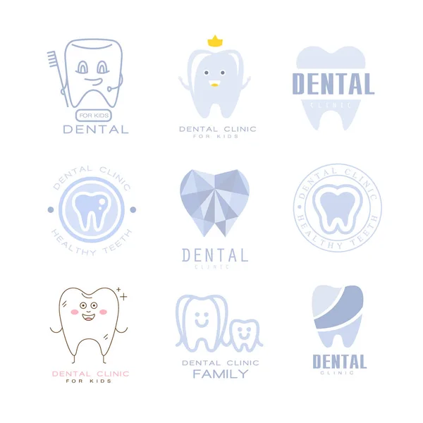 儿童牙科诊所和牙医内阁组标签模板在不同的创作风格和亮蓝色底纹 — 图库矢量图片