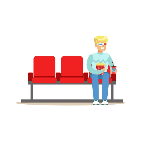 Блондинка хлопець, сидячи в кімнаті кіно наодинці з 3d-окуляри, частиною щасливі люди в серії театр фільму — стоковий вектор