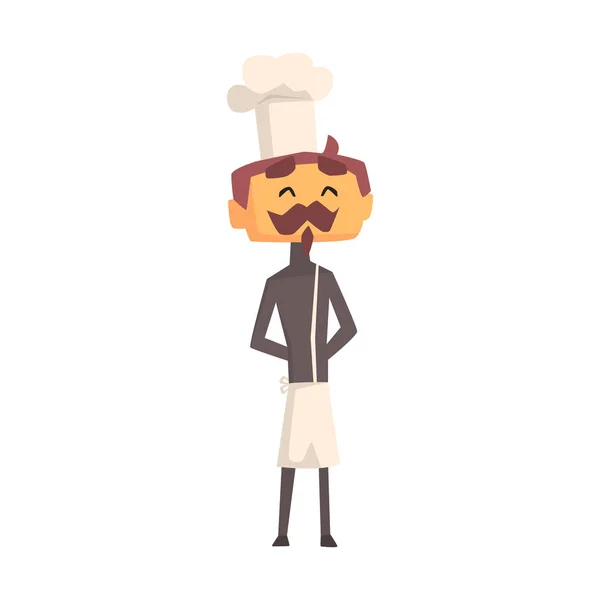 Cozinheiro profissional com bigode na jaqueta cinza peito duplo clássico e Toque de pé sorrindo — Vetor de Stock
