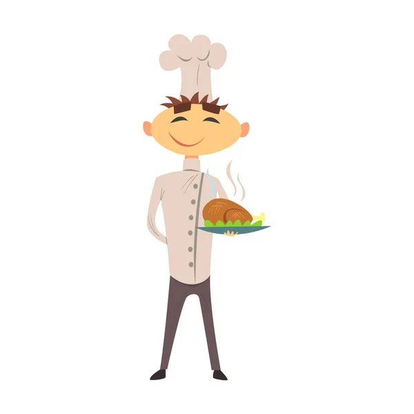 Professional Cook In Classic Double Breasted White Jacket And Toque With Roasted Chicken Dish — Stock Vector