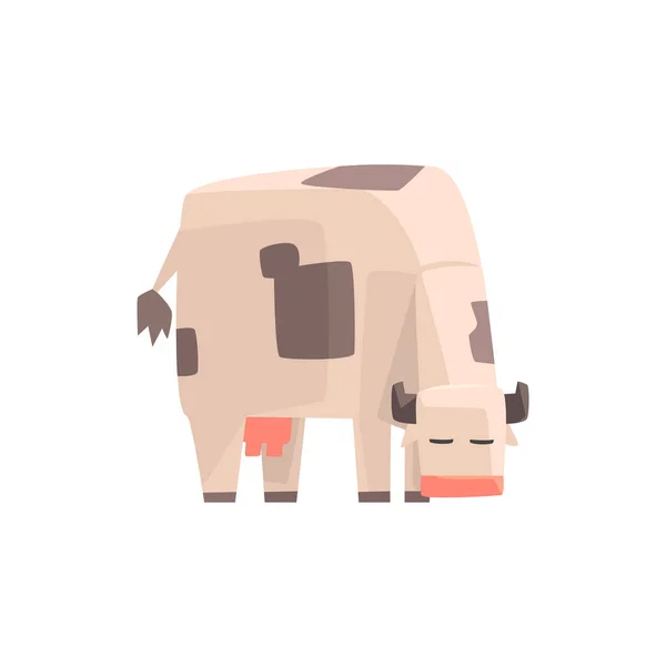 Browsing geometrico semplice della mucca della fattoria del giocattolo, illustrazione divertente del vettore animale — Vettoriale Stock
