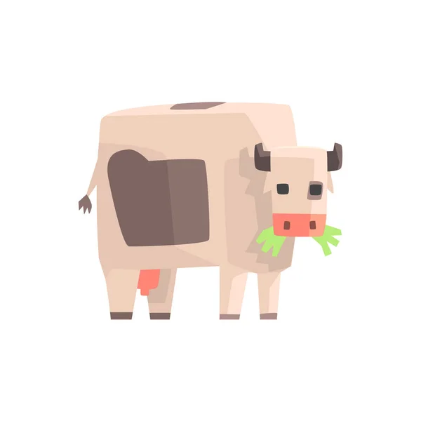 Toy Simple Geometric Farm Cow Browsing With Mouth Full Of Grass, Funny Animal Vector Illustration — Stock Vector