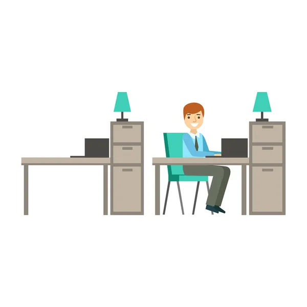 コワーキング オフィス インフォ グラフィック イラストをモダンなデザインでカジュアルな雰囲気のオフィスで働く男 — ストックベクタ