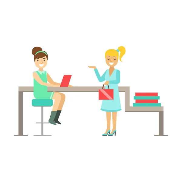 Meninas Colegas conversando no trabalho, Coworking na atmosfera informal no escritório de design moderno ilustração infográfica — Vetor de Stock