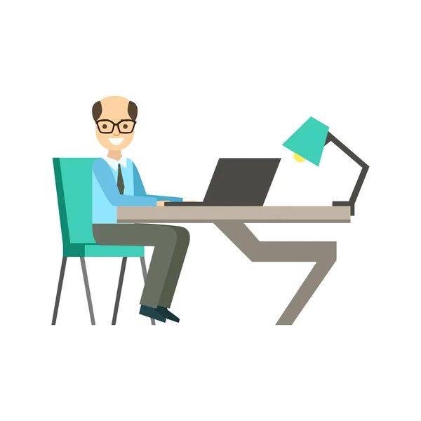 Hombre audaz en glassins en su escritorio de trabajo, coworking en atmósfera informal en la ilustración infográfica de la oficina del diseño moderno — Vector de stock