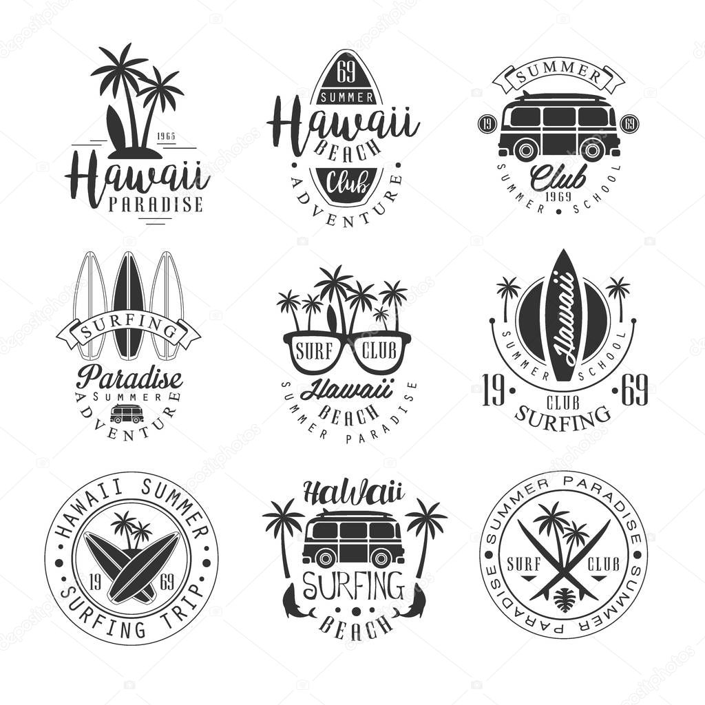 Hawaiian Beach Surfing Vacation Black And White Sign Design Templates With Text And Tools Silhouettes. Collection Of Monochrome Vector Emblems For Surf Holidays Advertisement.