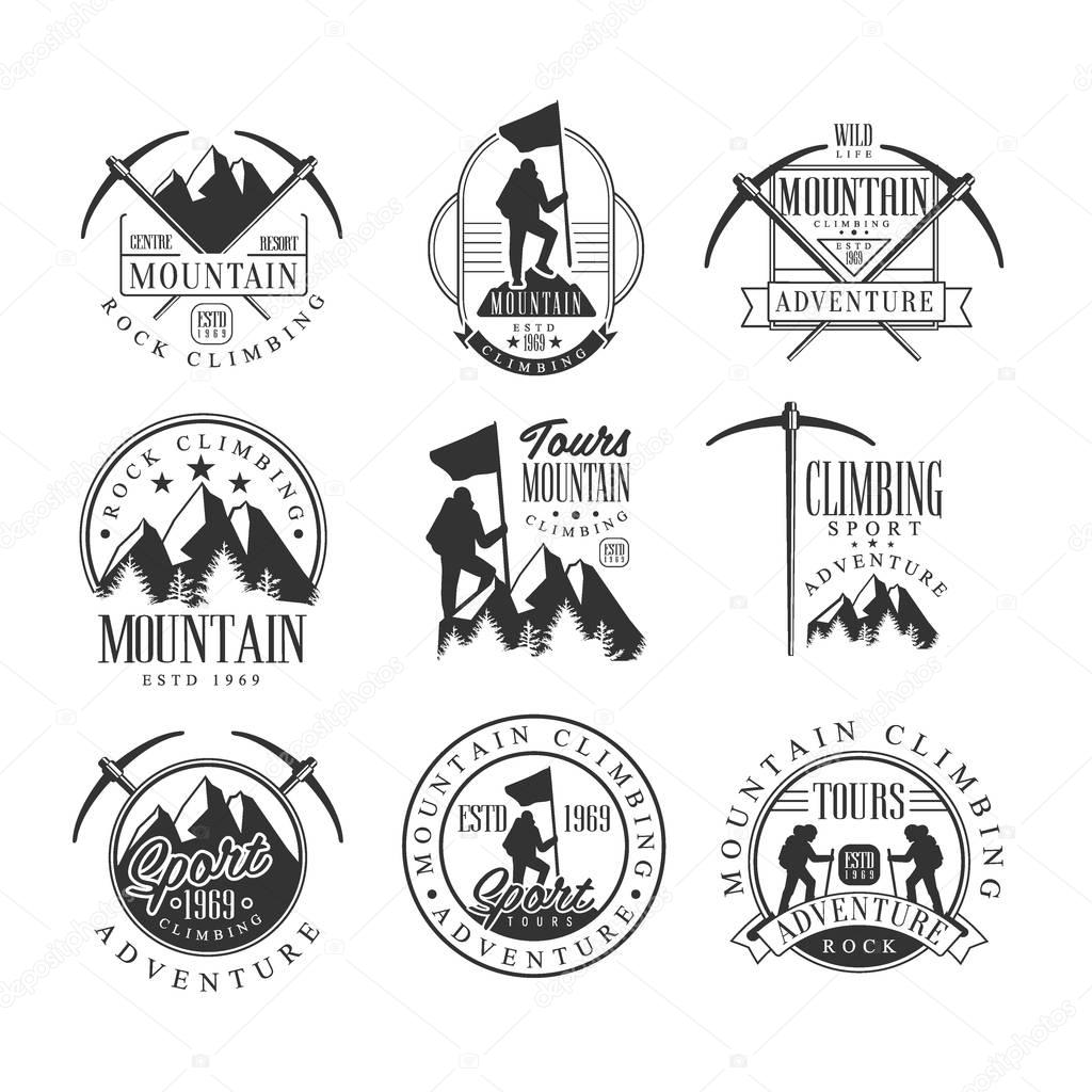 Mountain Climbing Extreme Adventure Tour Black And White Sign Design Templates With Text And Tools Silhouettes. Collection Of Monochrome Vector Emblems For Mountaineering And Hiking Club Advertisement