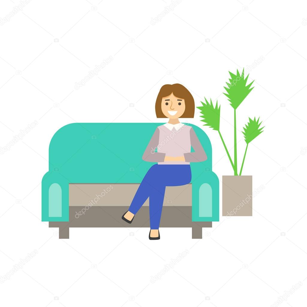 Woman Visitor Sitting On Sofa, Coworking In Informal Atmosphere In Modern Design Office Infographic Illustration