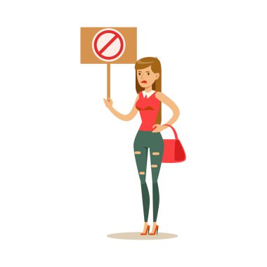 Woman In Ripped Jeans On Heels Marching In Protest With Banner, Screaming Angry, Protesting And Demanding Political Freedoms clipart