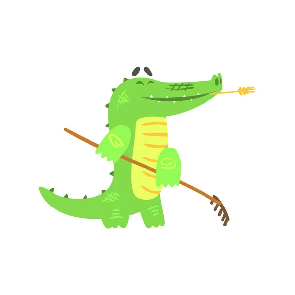 Jardinagem de crocodilo com ancinho, Personagem animal de réptil verde humanizado Todos os dias de atividade — Vetor de Stock